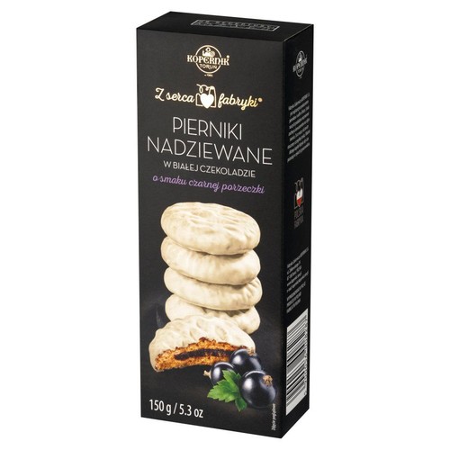Czarne opakowanie pierników Kopernik Toruń, nadziewanych, w białej czekoladzie, o smaku czarnej porzeczki. Waga 150g.