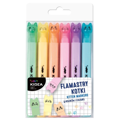 Zestaw 6 flamastrów Kidea Kotki w różnych kolorach, z nakładkami w kształcie główek kotów. Idealne do podkreślania.