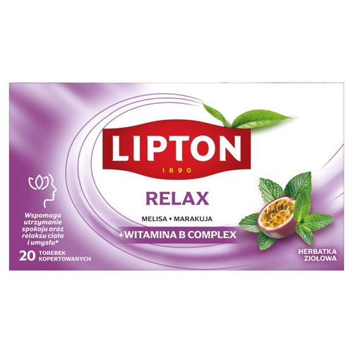 Lipton Relax, herbatka ziołowa z melisą i marakują, wzbogacona witaminą B Complex. Pudełko zawiera 20 kopertowanych torebek.
