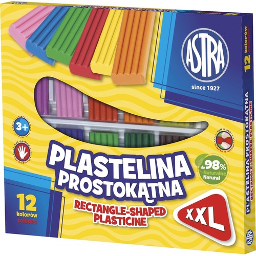 Astra Plastelina Prostokątna, 12 kolorów, XXL. Opakowanie z okienkiem, widoczne różnokolorowe kostki. Produkt dla dzieci 3+.