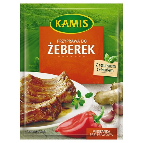 Opakowanie przyprawy Kamis do żeberek. Na etykiecie widoczne upieczone żeberka, czerwona papryka, imbir i czosnek.