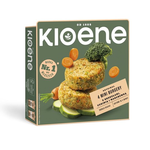 Zielone kartonowe opakowanie Kioene z 4 mini burgerami warzywnymi z brokułami, cukinią i marchewką. Waga 200g.