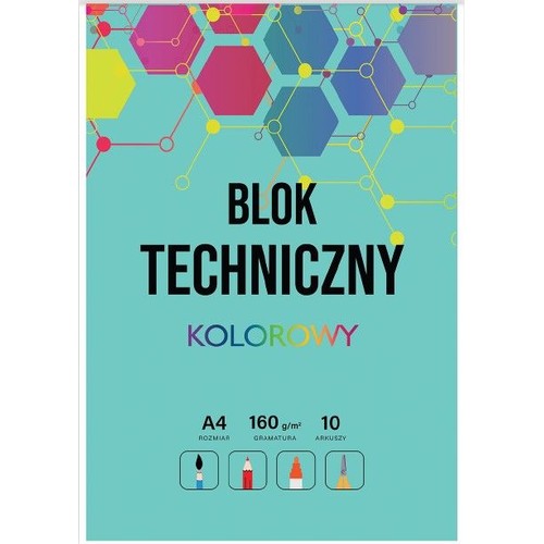 Okładka kolorowego bloku technicznego w formacie A4, o gramaturze 160 g/m², zawierającego 10 arkuszy. Tło okładki jest turkusowe, z abstrakcyjnym wzorem geometrycznym z wielobarwnych heksagonów u góry. Na dole ikony przyborów plastycznych.