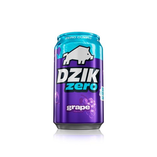 Fioletowo-niebieska puszka napoju DZIK ZERO, bez cukru, o smaku winogronowym. Widoczny biały symbol dzika.