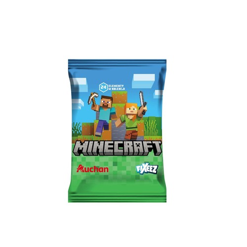 Saszetka Minecraft Fixeez z grafiką postaci Steve'a i Alex. Na opakowaniu informacja o 24 elementach w kolekcji.