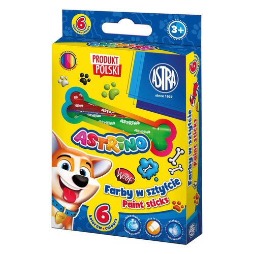 Zestaw 6 farb w sztyfcie ASTRINO ASTRA dla dzieci 3+. Opakowanie z wizerunkiem psa Corgi i napisem "Produkt Polski".