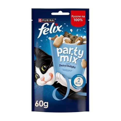 Granatowe opakowanie 60g przysmaków dla kota Felix Party Mix Dairy Delight. Saszetka z wizerunkiem kota i smakołyków.