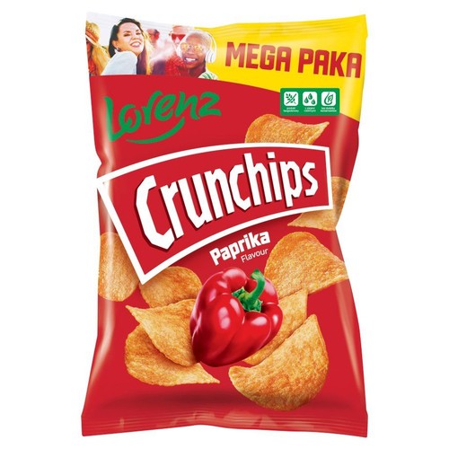 Opakowanie chipsów Lorenz Crunchips Paprika. Czerwona paczka z grafiką chipsów i papryki. U góry napis "Mega Paka".