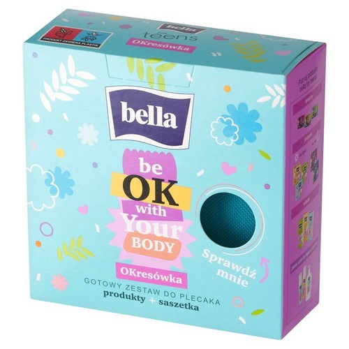 Zestaw Bella Teens Okresówka w turkusowym pudełku z kolorowymi wzorami. Zawiera produkty i saszetkę. Napis "Bądź OK ze swoim ciałem".