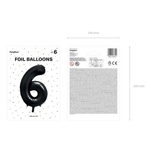 Balon foliowy Cyfra '6' 86cm czarny (1 op. / 1 szt.) PartyDeco 1 sztuka