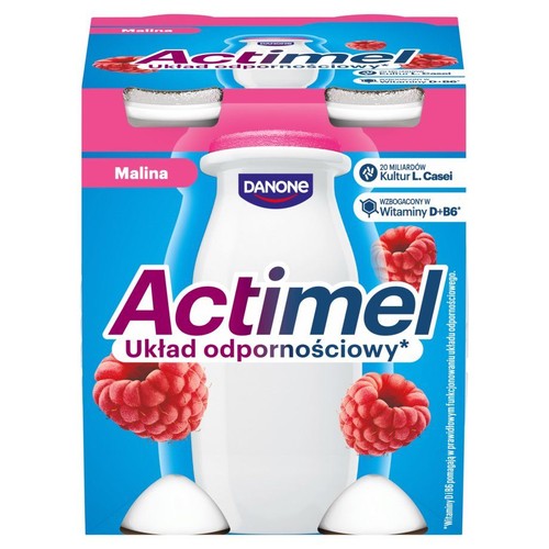 Czteropak Actimel Malina Danone. Napój mleczny z kulturami L. Casei i witaminami D+B6 dla odporności.