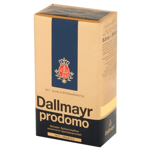 Kawa Dallmayr prodomo, 250g. Mielona, 100% Arabica. Beżowe opakowanie z granatowym pasem.