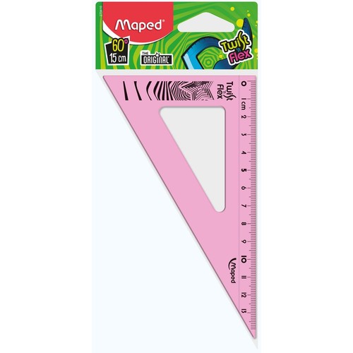 Różowa ekierka Maped Twist'n Flex o kącie 60 stopni i długości 15 cm. Produkt jest elastyczny, zapakowany w blister z kolorową grafiką i logo Maped. Na ekierce widoczne są miarki i logo.
