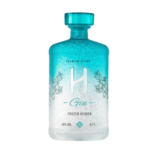 Butelka ginu Premium Blend Frozen Heaven, 0,7 L, 40% VOL. Butelka ma gradientowy wygląd, od intensywnego turkusu na górze do matowej bieli na dole, z efektem oszronienia. Etykieta zawiera nazwę produktu, logo H i subtelne wzory jagód.