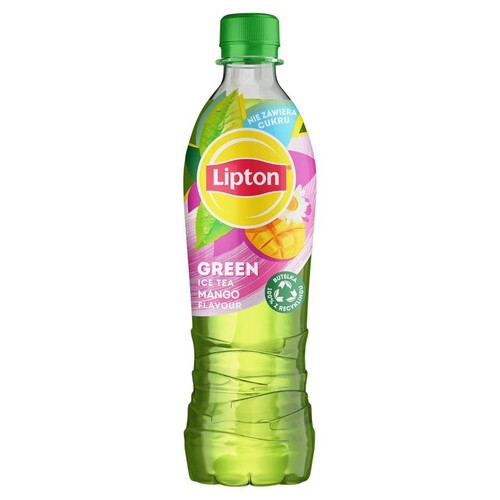 Lipton Green Ice Tea Mango Flavour w plastikowej butelce z zieloną zakrętką. Butelka w 100% z recyklingu.