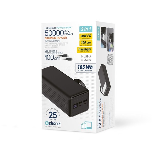 Powerbank 50000 mAh 20W PD QC 3.0 czarny Platinet 1 sztuka