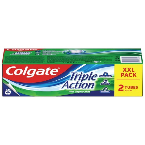 Opakowanie pasty do zębów Colgate Triple Action, 2x75 ml. Zapewnia ochronę przed próchnicą, białe zęby i świeży oddech.
