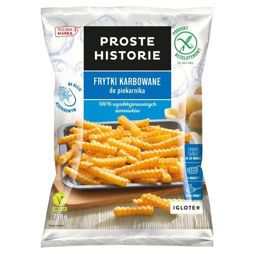 Opakowanie produktu: Frytki karbowane Proste Historie, 750g. Bezglutenowe, wegańskie, na oleju rzepakowym. Do piekarnika.