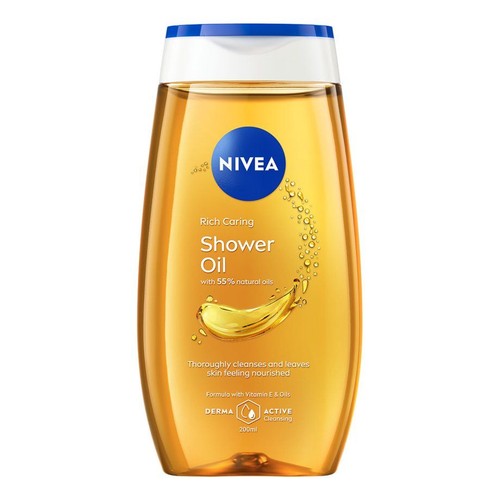 Olejek pod prysznic NIVEA Rich Caring, 200ml. Butelka z etykietą przedstawiającą kroplę olejku. Zawiera 55% naturalnych olejków, witaminę E. Zapewnia aktywne oczyszczanie Derma, pozostawiając skórę odżywioną.