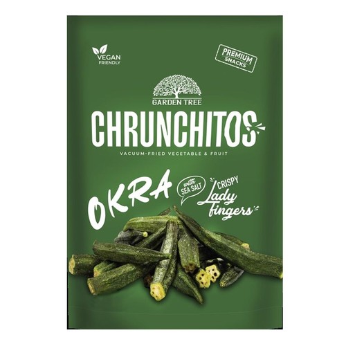 Wegańskie przekąski premium Garden Tree Chrunchitos Okra. Smażone próżniowo warzywa z solą morską.