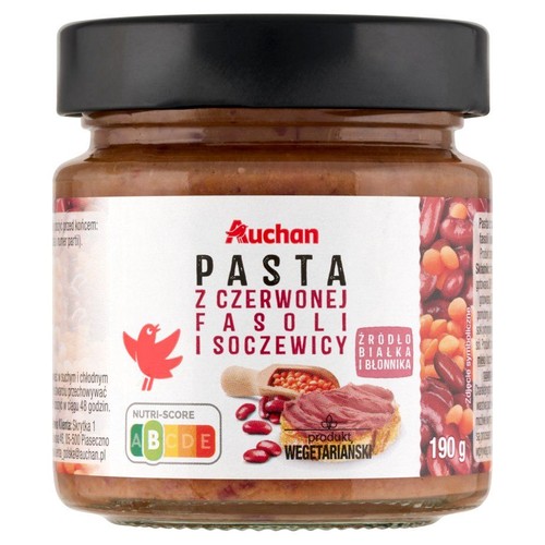 Pasta Auchan z czerwonej fasoli i soczewicy w słoiku, 190 g. Wegetariańska, bogata w białko i błonnik.