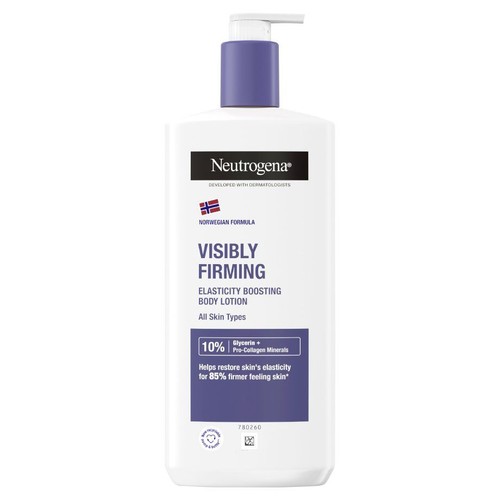 Biała butelka balsamu do ciała Neutrogena Visibly Firming z fioletową pompką. Formuła norweska, opracowana z dermatologami. Zwiększa elastyczność skóry, zawiera 10% gliceryny i minerały pro-kolagenowe. Odpowiedni dla wszystkich typów skóry.