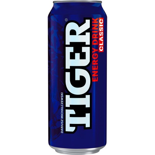 Puszka napoju energetycznego Tiger Classic, sygnowana nazwiskiem Dariusza Michalczewskiego.