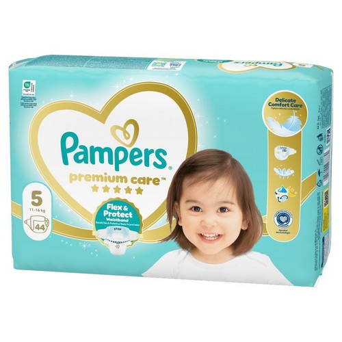 Opakowanie pieluch Pampers Premium Care, rozmiar 5, dla dzieci 11-16 kg, 44 sztuki. Na opakowaniu uśmiechnięte dziecko.
