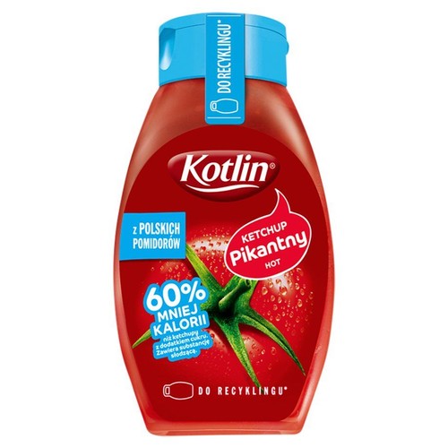 Ketchup Kotlin Pikantny Hot w czerwonej butelce z niebieską zakrętką. Zawiera 60% mniej kalorii i jest z polskich pomidorów.