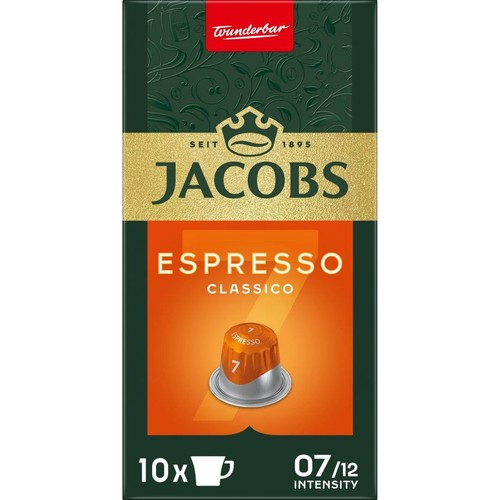 Opakowanie kawy Jacobs Espresso Classico, 10 kapsułek. Intensywność 7. Zielono-złoty design z pomarańczową kapsułką.