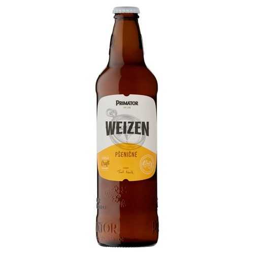 Butelka piwa Primator Weizen, piwa pszenicznego. Etykieta w kolorach białym i żółtym, z wyraźnym napisem "WEIZEN" i "PŠENIČNÉ". Na etykiecie znajduje się również informacja "CZECH Craft" oraz oznaczenie 10°.