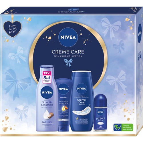 Opakowanie prezentowe Nivea Creme Care. Niebieskie pudełko z grafiką kokardek, w środku 4 produkty do pielęgnacji ciała Nivea.