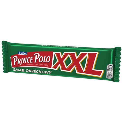 Zielone opakowanie batona Prince Polo XXL z orzechowym nadzieniem. Centralnie umieszczone jest logo "Prince Polo" w kolorach czerwonym i białym, obok niego duży, czerwony napis "XXL". W górnej części widnieje logo Olza.