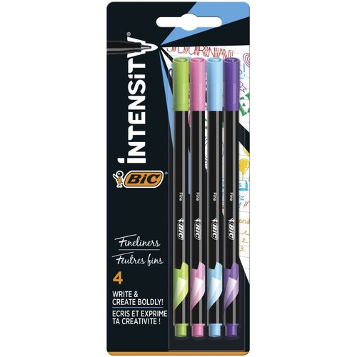 Zestaw 4 cienkopisów BIC Intensity w opakowaniu typu blister. Zawiera cienkopisy w kolorach zielonym, różowym, niebieskim i fioletowym. Przeznaczone do pisania i odważnego tworzenia. Na opakowaniu napis "Pisz i wyrażaj swoją kreatywność!".
