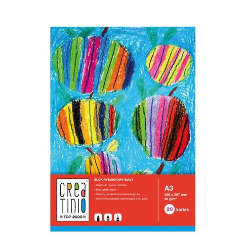 Blok rysunkowy Creatinio A3 (420x297 mm), 20 białych kartek 90 g/m². Posiada gładki papier, odporny na wielokrotne ścieranie gumką oraz kartonową podkładkę. Na okładce barwne jabłka.