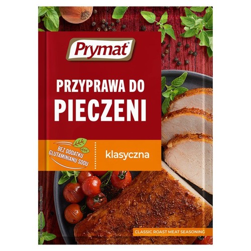 Opakowanie przyprawy Prymat do pieczeni klasycznej. Czerwono-pomarańczowa saszetka z grafiką pieczonego mięsa i pomidorów. Bez glutaminianu sodu.