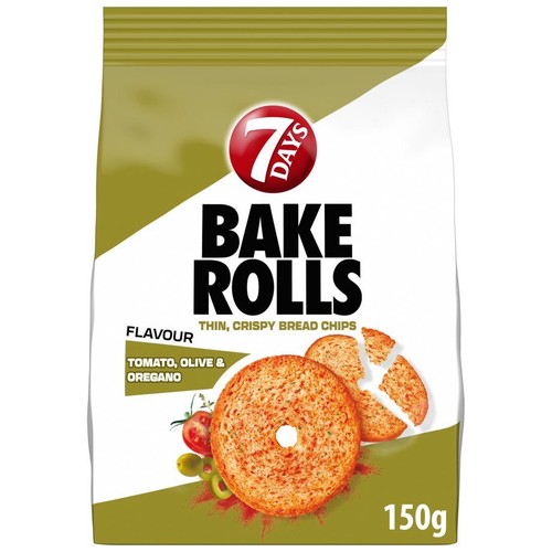 Opakowanie 7 DAYS BAKE ROLLS, cienkich, chrupiących chipsów chlebowych o smaku pomidora, oliwek i oregano, 150g.