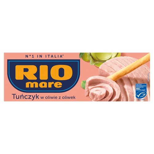 Opakowanie Rio Mare Tuńczyk w oliwie z oliwek. Na różowym tle logo, obok plastry tuńczyka, paluszek grissini i kawałki karczocha.