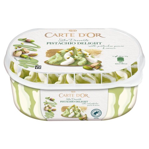 Owalny pojemnik lodów Carte D'Or Les Desserts Pistachio Delight, 200 ml. Na wieczku grafika lodów pistacjowych z sosem.