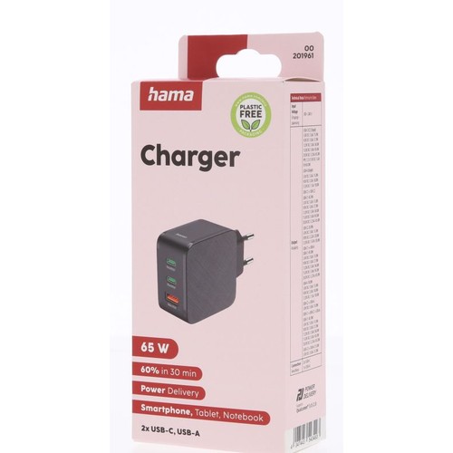 Ładowarka Hama 65W do smartfonów, tabletów i laptopów. Obsługuje Power Delivery, ładuje 60% w 30 minut. Ma 2x USB-C, 1x USB-A.
