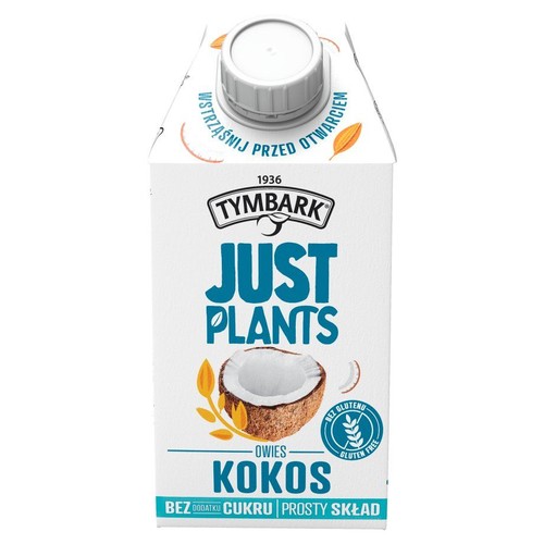 Biały karton Tymbark Just Plants Owies Kokos, napój roślinny z białą zakrętką. Na opakowaniu ilustracja połówki kokosa i liści owsa. Produkt bez glutenu, bez dodatku cukru, o prostym składzie. Należy wstrząsnąć przed otwarciem.
