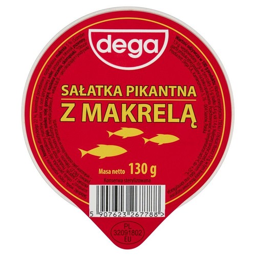 Czerwone wieczko sałatki Dega Pikantna z Makrelą, 130 g. Na wieczku logo Dega, nazwa produktu i grafika trzech żółtych ryb.