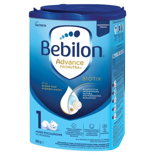Mleko początkowe Bebilon Advance Pronutra Biotik 1 w niebieskim opakowaniu, 800g. Dla niemowląt niekarmionych piersią lub do dokarmiania. Opatentowana formuła bez oleju palmowego, inspirowana naturą i potwierdzona badaniami.