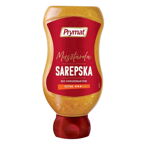 Butelka musztardy Sarepskiej Prymat, ostrej, bez konserwantów. Żółte opakowanie z czerwoną etykietą i nakrętką.