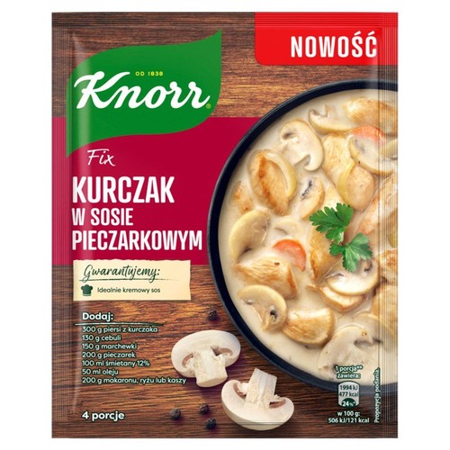 Knorr Fix Kurczak w sosie pieczarkowym. Opakowanie produktu na 4 porcje. Widoczna grafika przedstawiająca gotowe danie w misce: kawałki kurczaka, pieczarki i cebula w gęstym, kremowym sosie. Obok miski świeże pieczarki i czarny pieprz.