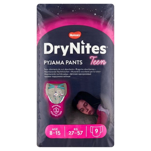 Opakowanie Huggies DryNites Pyjama Pants Teen, dla dzieci 8-15 lat, 27-57 kg, 9 sztuk.