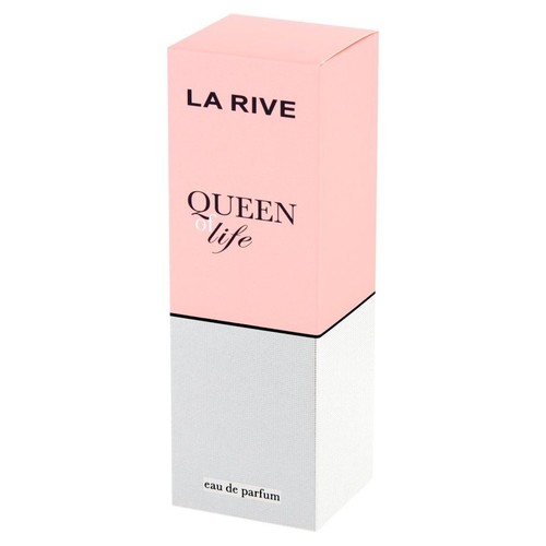 Kartonowe opakowanie wody perfumowanej La Rive Queen of Life. Górna część różowa, dolna biała. Napisy czarne.