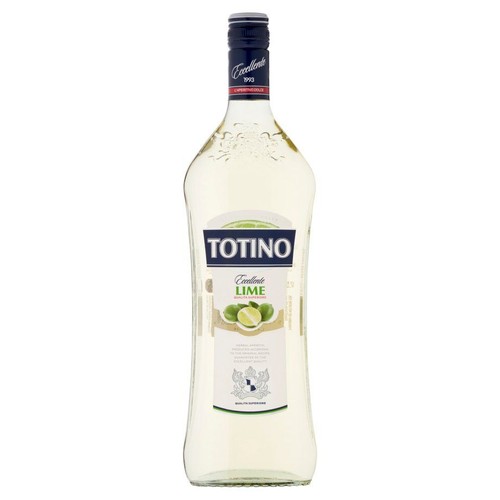 Butelka aperitifu TOTINO Eccellente LIME z białą etykietą. Na etykiecie znajduje się nazwa marki, informacja o smaku limonki oraz rysunek owoców. Kapsel butelki jest granatowy z napisem "Słodki Aperitif".