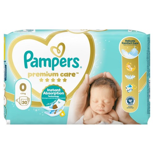 Opakowanie pieluch Pampers Premium Care, rozmiar 0, dla dzieci 3 kg, 30 sztuk. Na opakowaniu śpiące dziecko i logo Pampers.