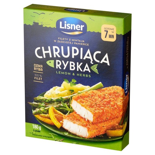 Zielono-niebieskie opakowanie Lisner Chrupiąca Rybka. Zawiera 2 filety z dzikiego mintaja w złocistej panierce, o łącznej wadze 180 g. Produkt gotowy w 7 minut. Na froncie grafika przedstawia usmażone filety z cytryną, szparagami i puree.